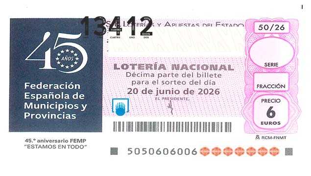 Décimo 13412 del sorteo 50-20/06/2026 Sábado