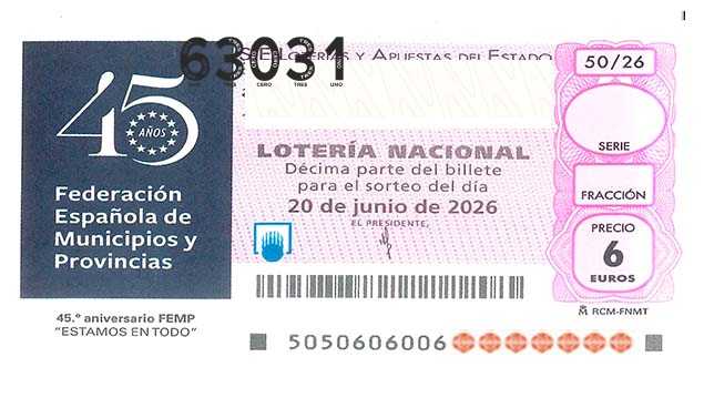 Décimo 63031 del sorteo 50-20/06/2026 Sábado