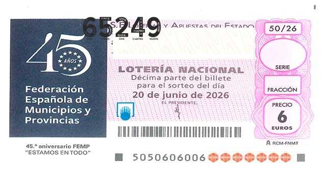 Décimo 65249 del sorteo 50-20/06/2026 Sábado