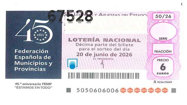 Décimo 67528 del sorteo 50-20/06/2026 Sábado