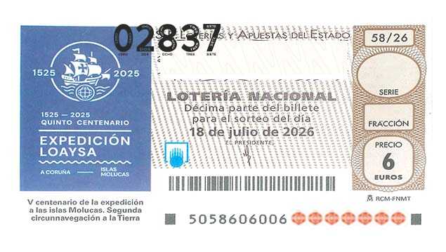 Décimo 02837 del sorteo 58-18/07/2026 Sábado