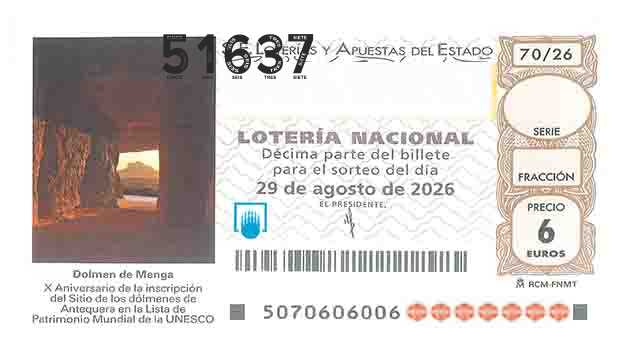 Décimo 51637 del sorteo 70-29/08/2026 Sábado